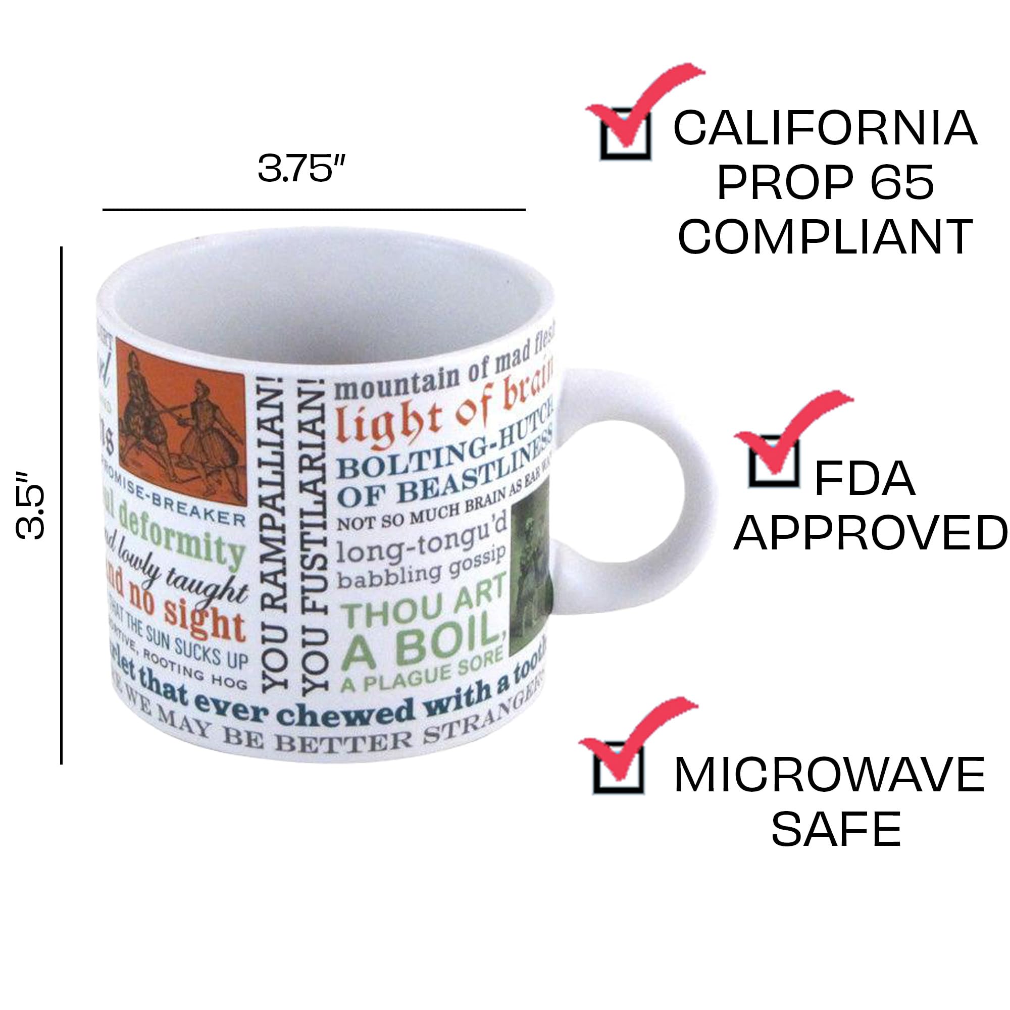 The Unemployed Philosophers Guild Shakespeare Insults Mug handle view offers comfortable grip.