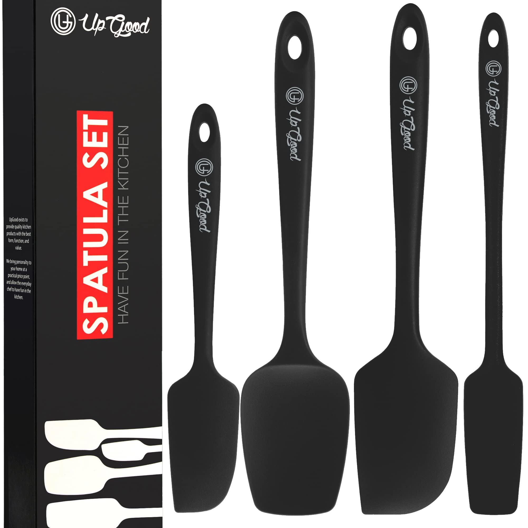 UpGood four-piece silicone spatula set in black for versatile nonstick cooking.