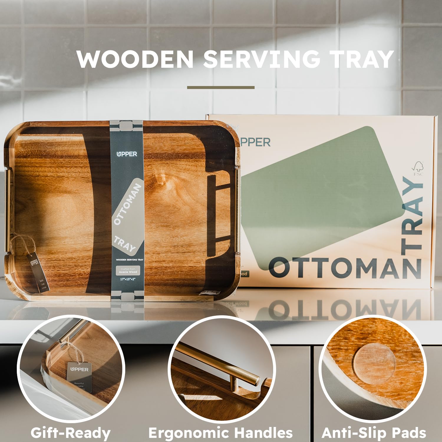 Upper Acacia Wood Ottoman Tray with anti-skid pads for stable placement and surface protection.