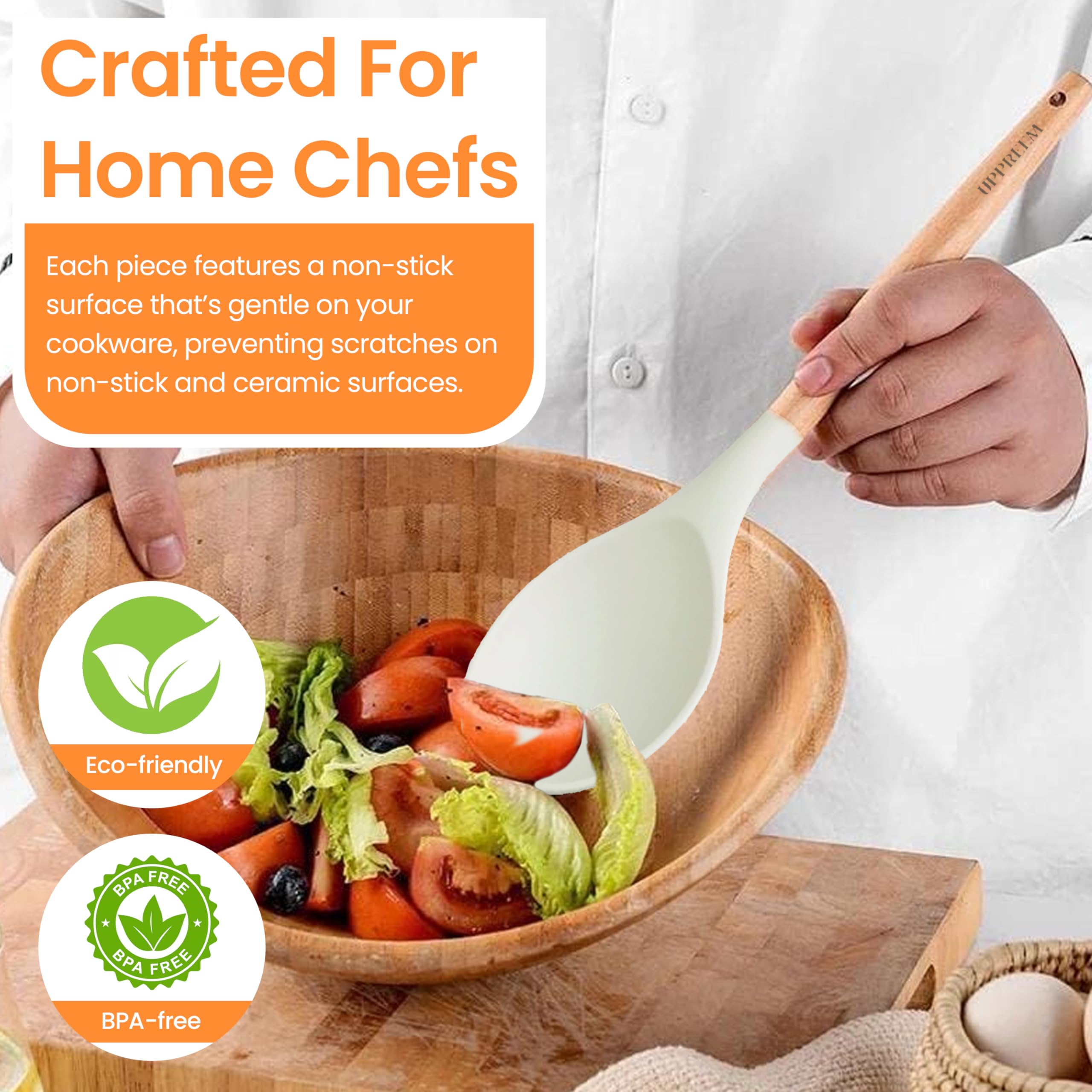UPPREEM beige wooden-handled spatulas with ergonomic grip.