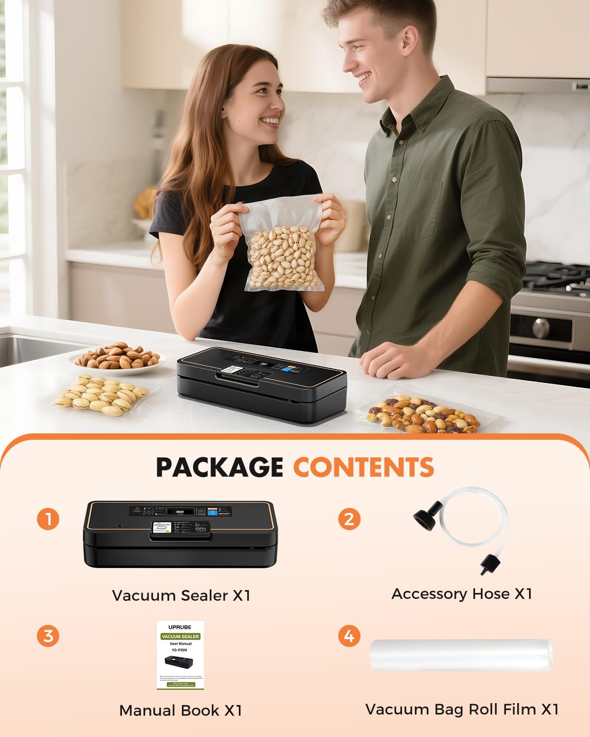 UPRUBE vacuum sealer compact design with bag roll storage for organized kitchens.