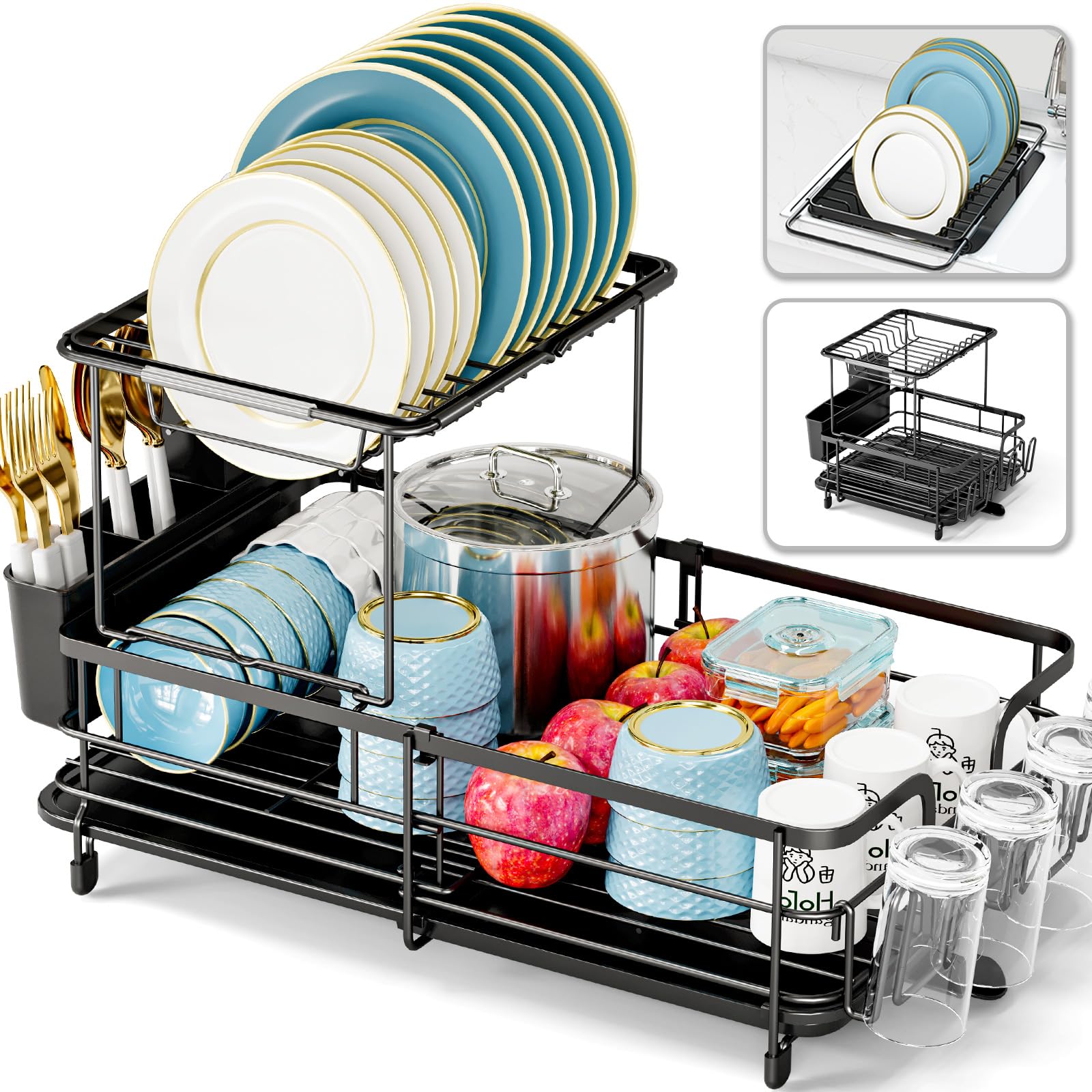 Urackify 2-tier dish drying rack extended over sink for space-saving countertops