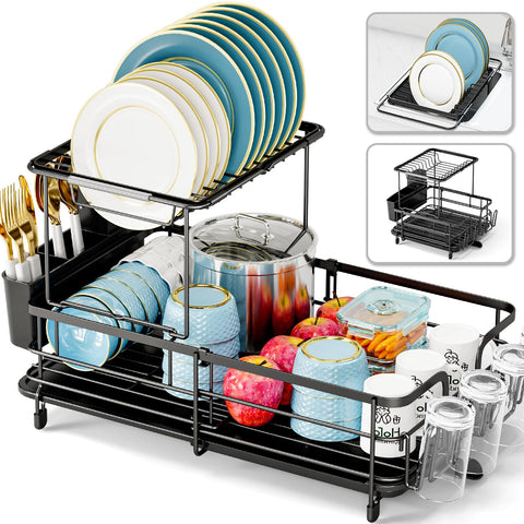 Urackify 2-tier dish drying rack extended over sink for space-saving countertops