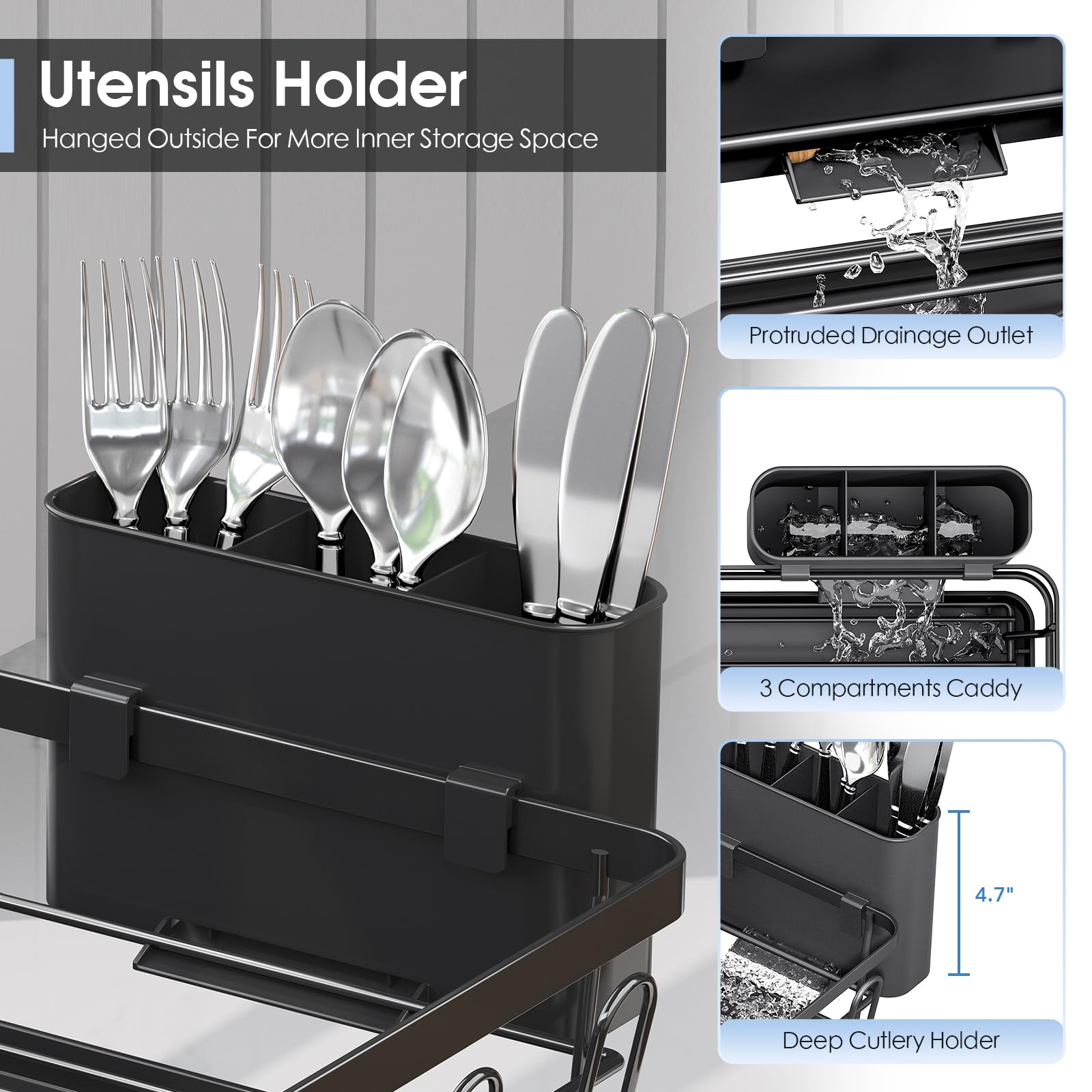 Urackify 3-grid cutlery holder keeps forks and spoons neatly organized and dry.