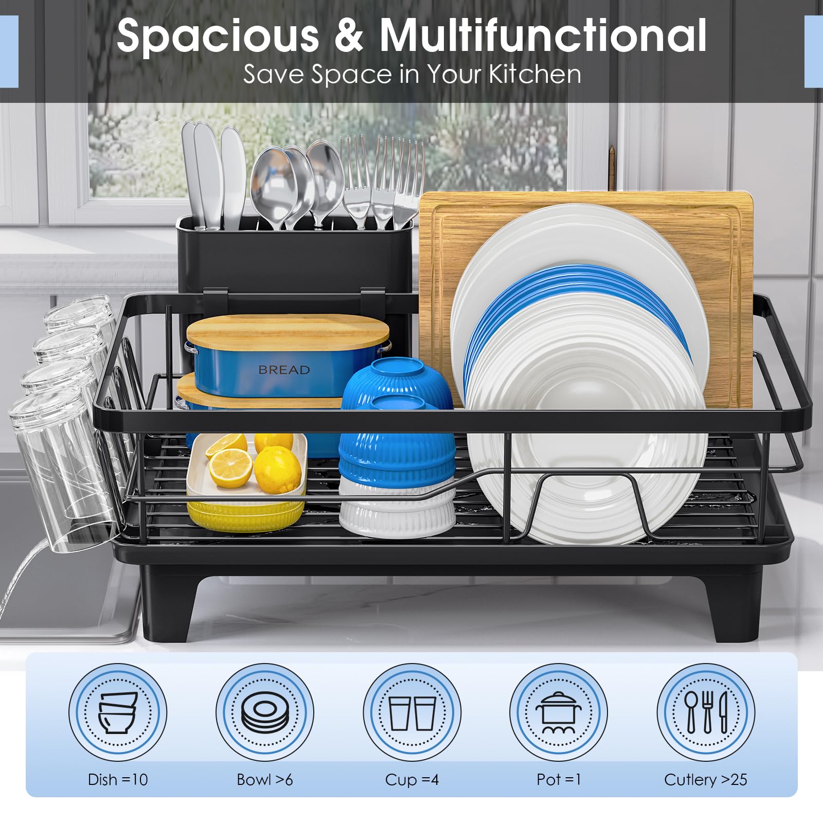Urackify drainage board directs water away from dishes to keep counters dry.