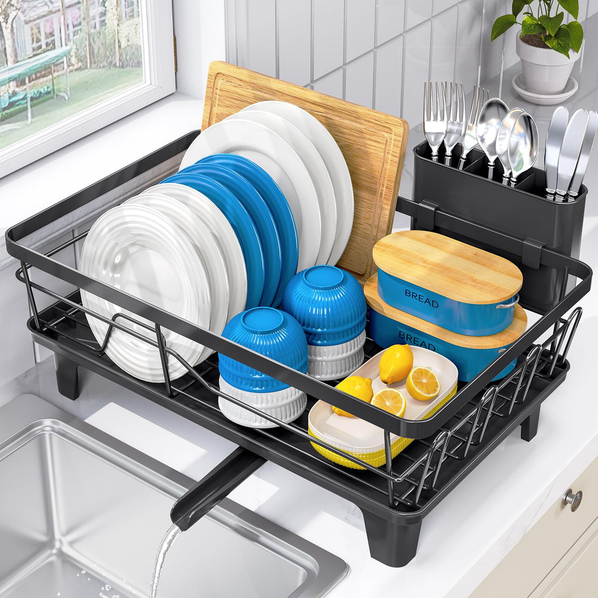 Urackify dish drainer showing large capacity for plates and bowls, ideal for busy kitchens.