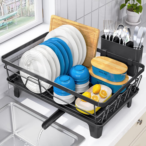 Urackify dish drainer showing large capacity for plates and bowls, ideal for busy kitchens.