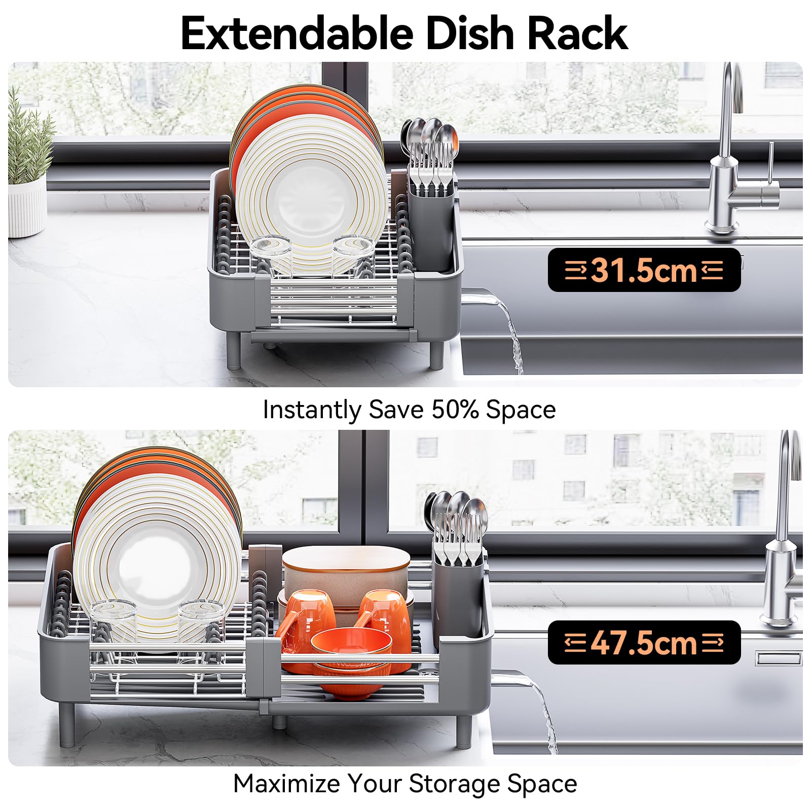Urackify dish rack organizer holds plates, bowls, and mugs for organized drying