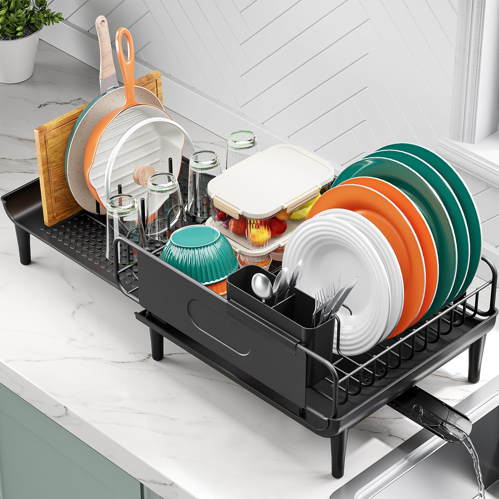 Urackify extendable dish rack showing width from 16.93 to 26.57 inches for flexible sink fit and drying space.