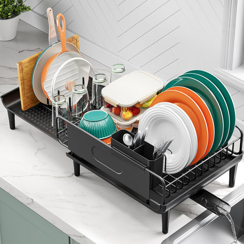 Urackify extendable dish rack showing width from 16.93 to 26.57 inches for flexible sink fit and drying space.