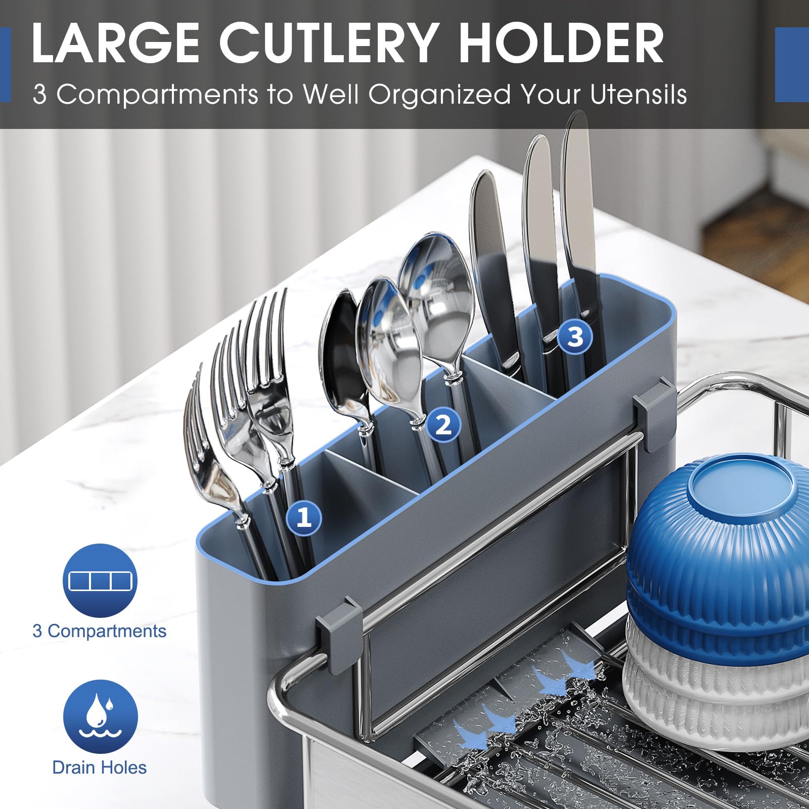 Urackify four-slot utensil holder keeps forks and knives neatly separated for easy access.