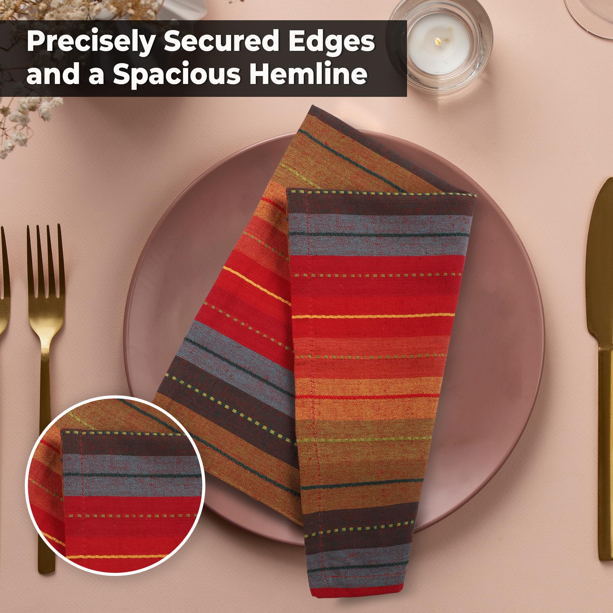 Set of 12 napkins in a stylish red multi stripe design.