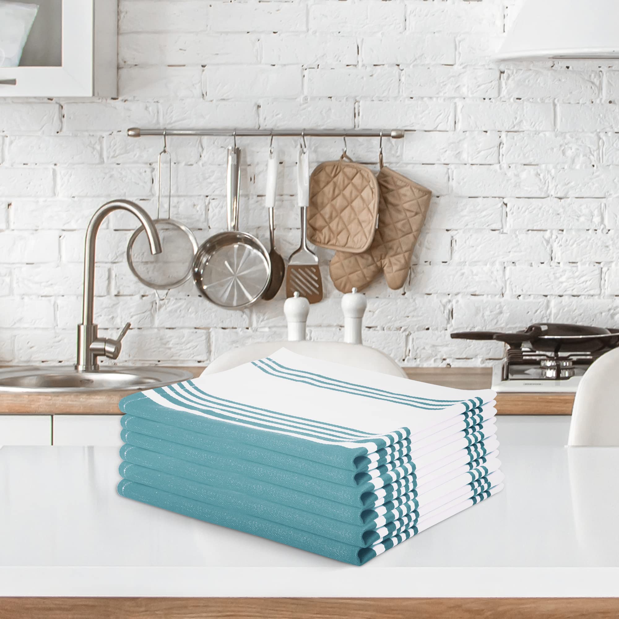 Urban Villa Aqua and White towels add color and style to the kitchen.