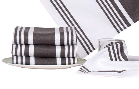 Urban Villa striped dove grey white towels add stylish kitchen decor.