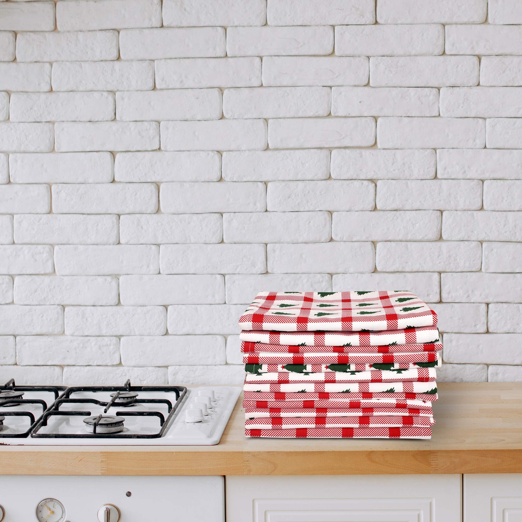 Urban Villa mitered-corners dish towels add neat finish to kitchen tasks.