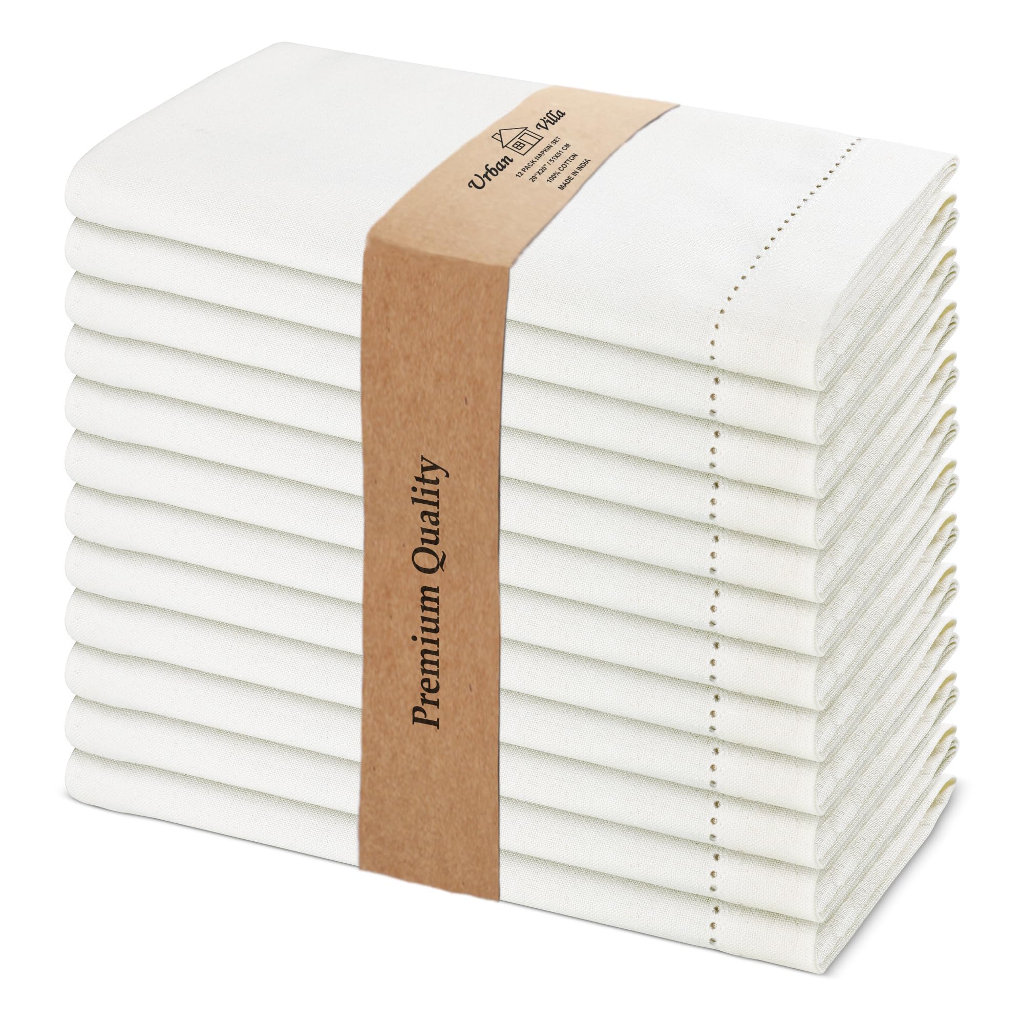 Urban Villa ivory hemstitch napkins folded for elegant dining presentation