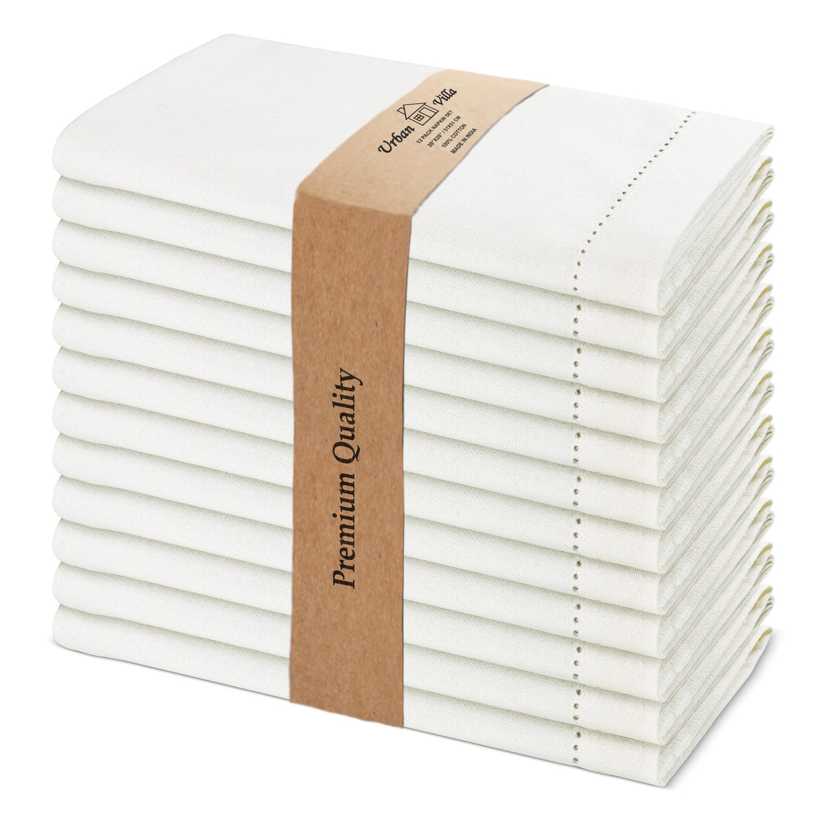 Urban Villa ivory hemstitch napkins folded for elegant dining presentation