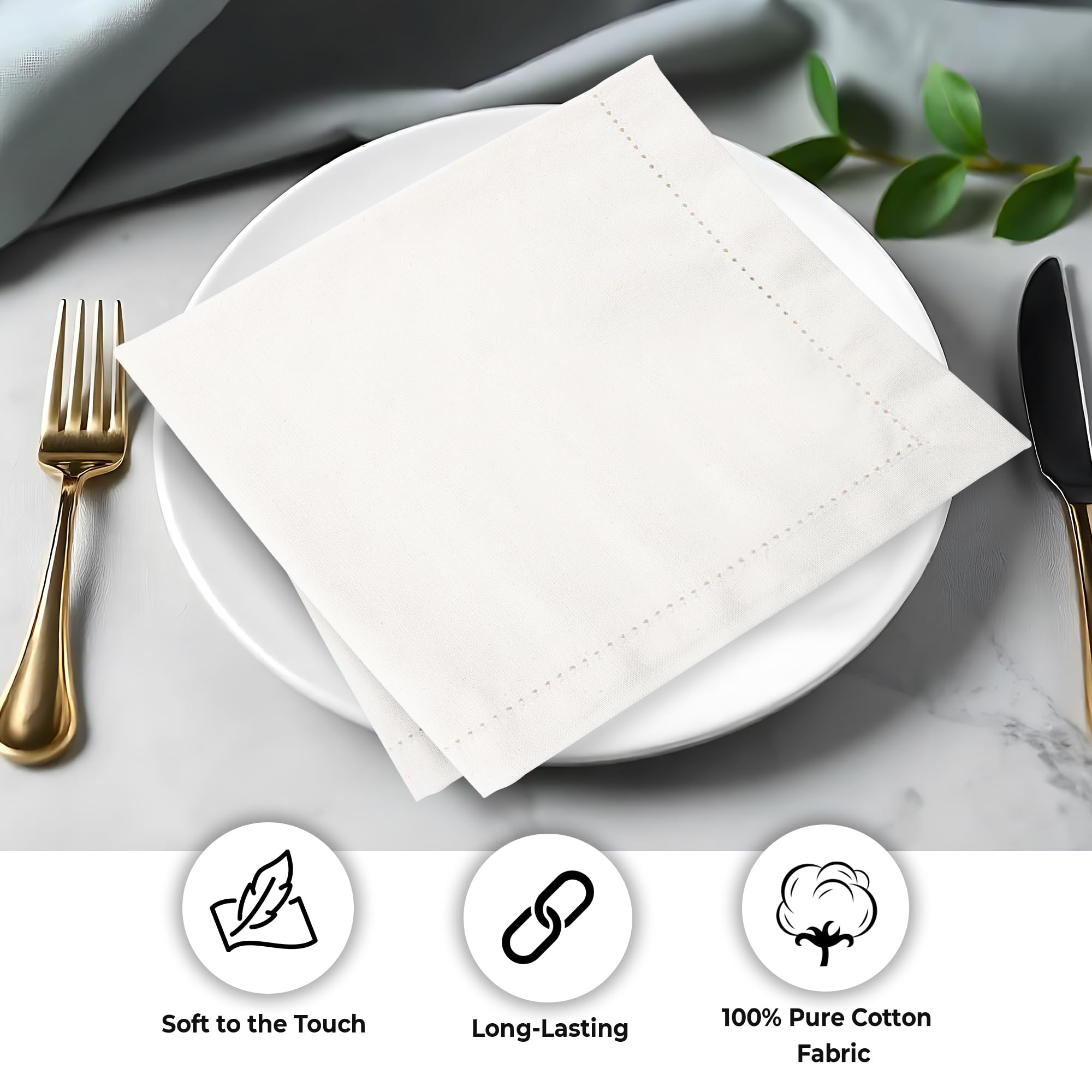 Urban Villa ivory hemstitch napkins stored in a kitchen drawer for everyday use