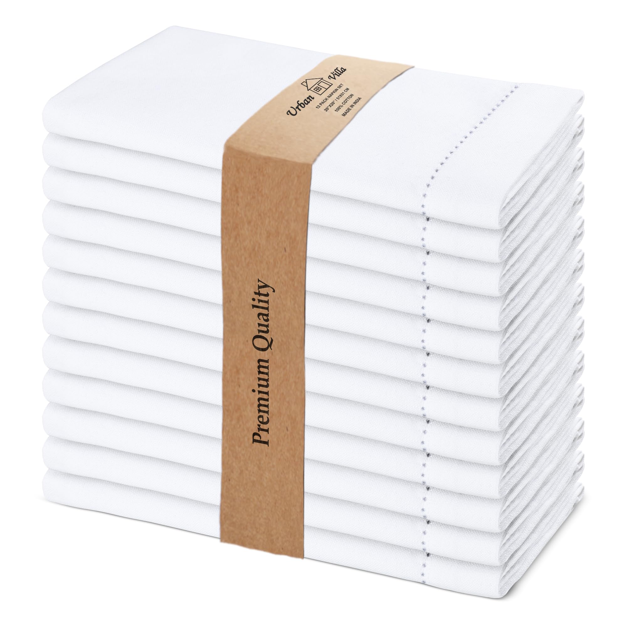 Urban Villa napkins with white hemstitch, perfect for elegant dining setups.
