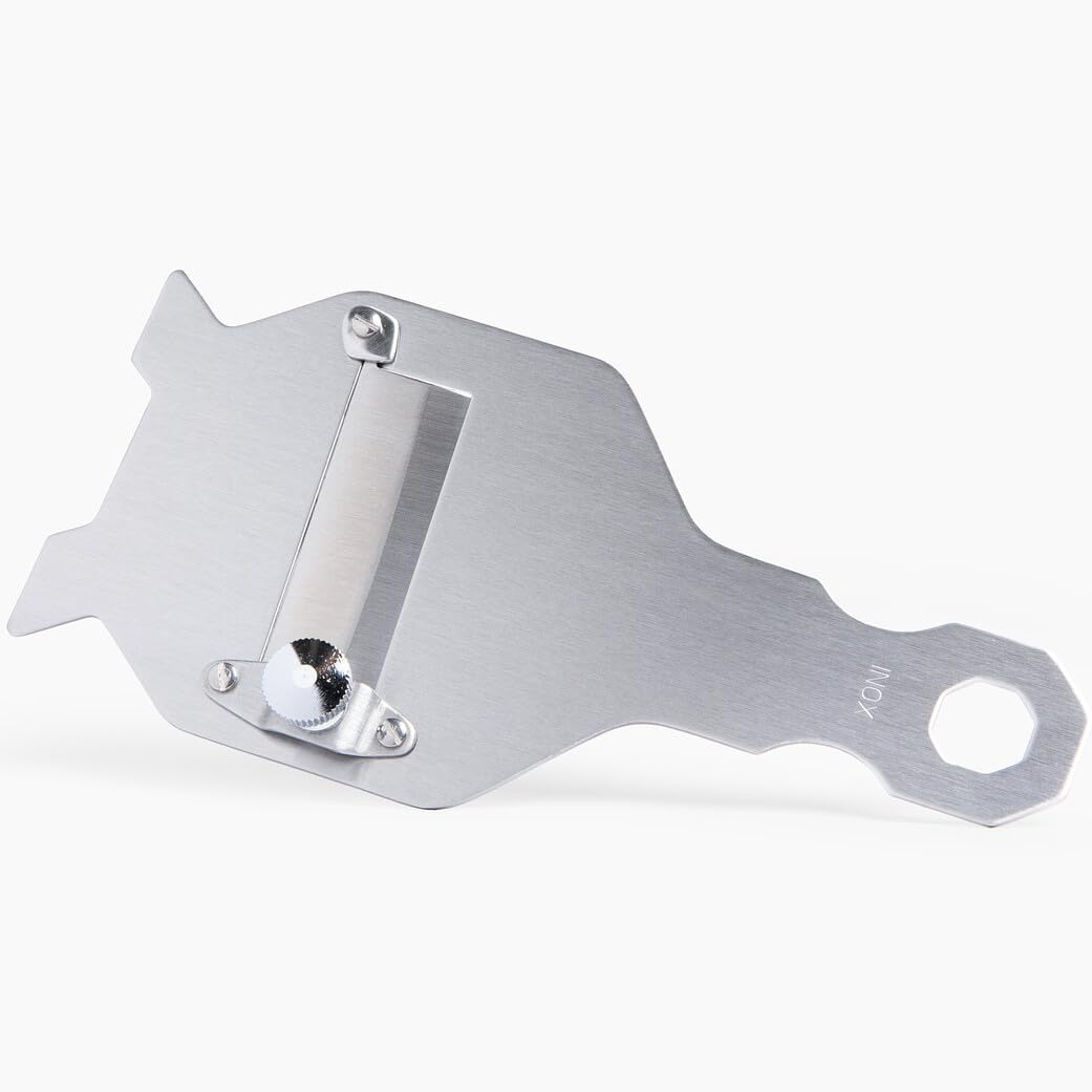 Durable wood handle and stainless blade on Urbani Truffles slicer