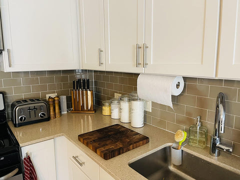 urezorgear 2nd-gen paper towel holder under cabinet front view shows rust-free finish.
