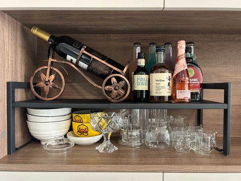 Urhomey Plus kitchen counter shelf provides space-saving storage for pots and spices