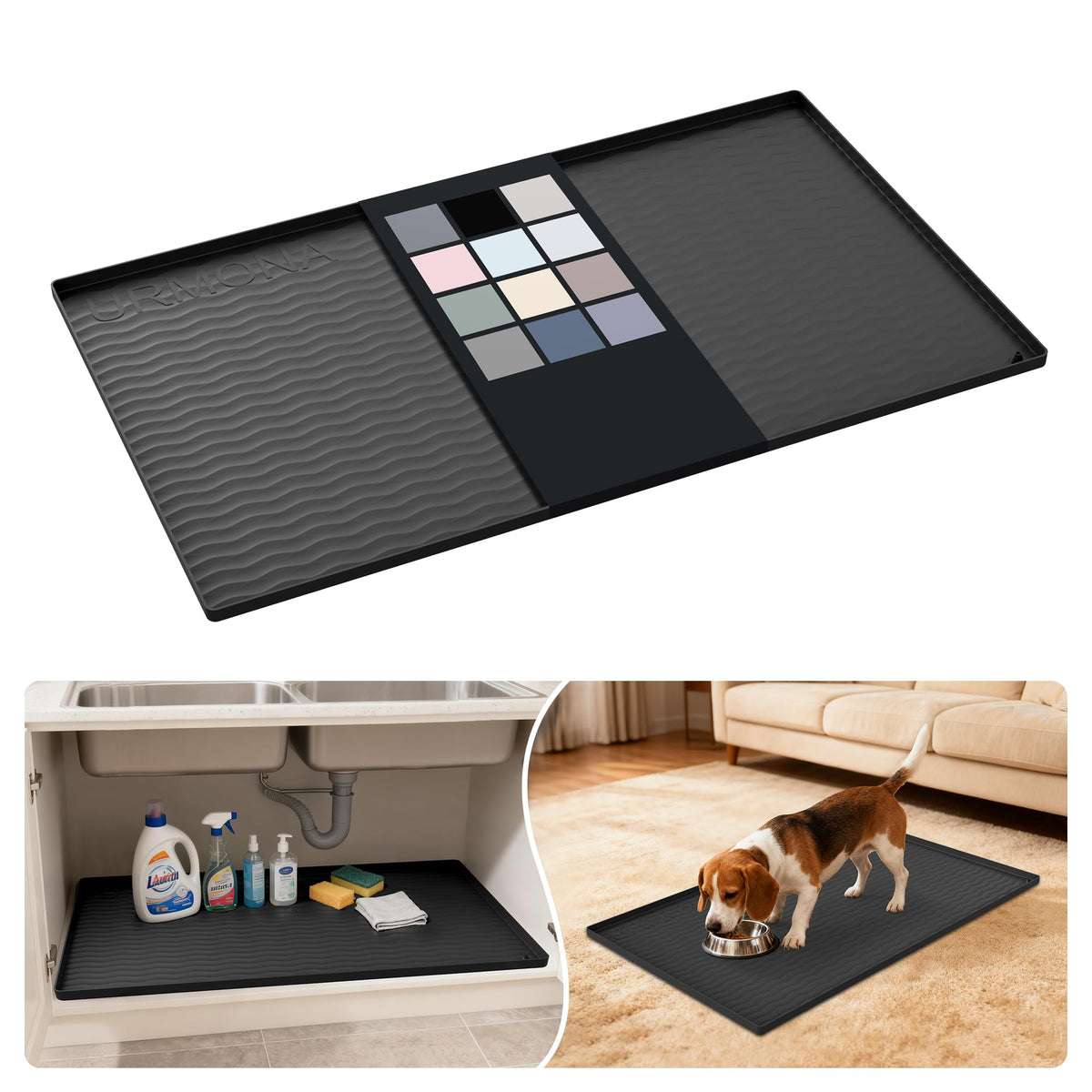 URMONA under-sink mat protects cabinets from leaks and spills.
