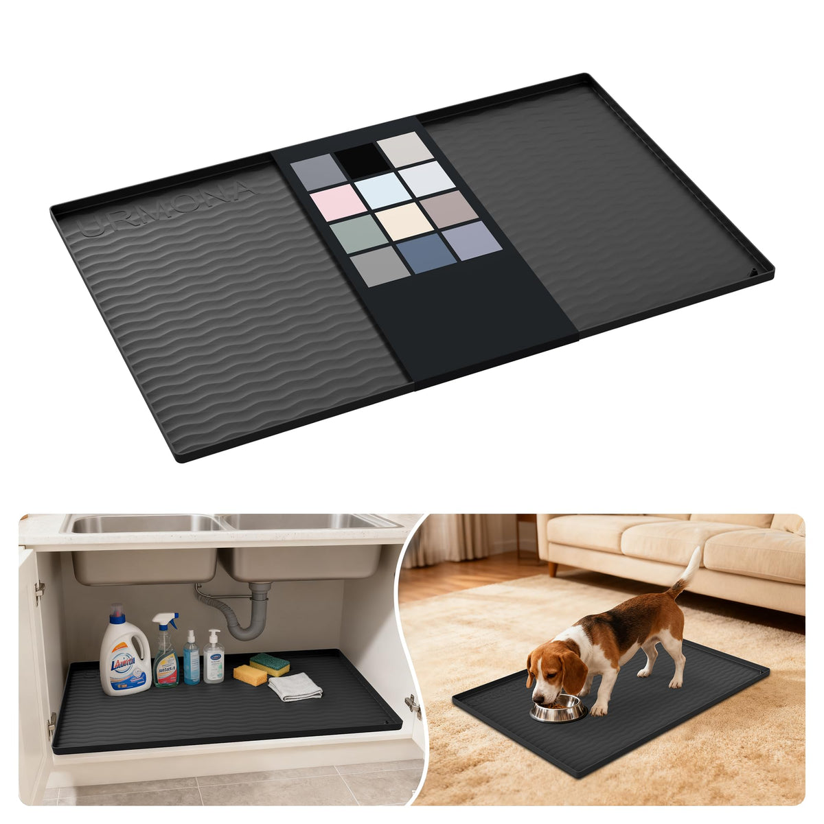 URMONA under-sink mat in black protects cabinets from leaks and spills