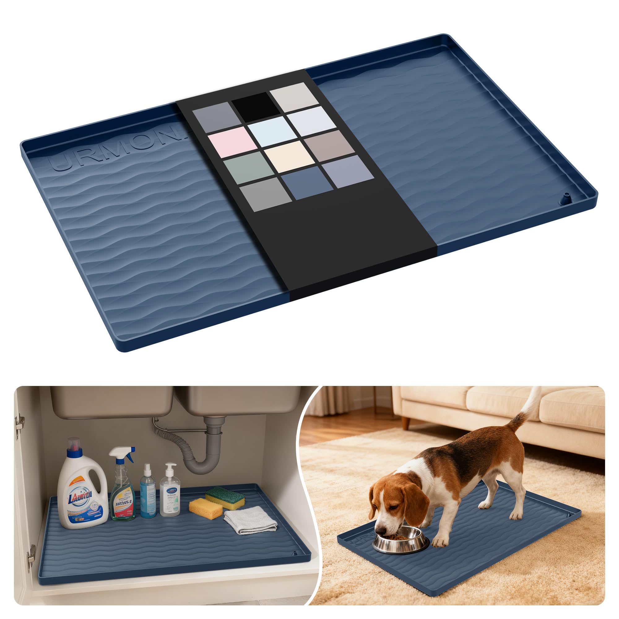 URMONA under-sink mat flat view protects kitchen cabinets from spills in dark grey.