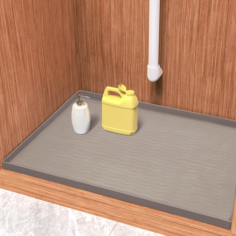 URMONA waterproof silicone under-sink mat in beige protecting cabinets from spills.