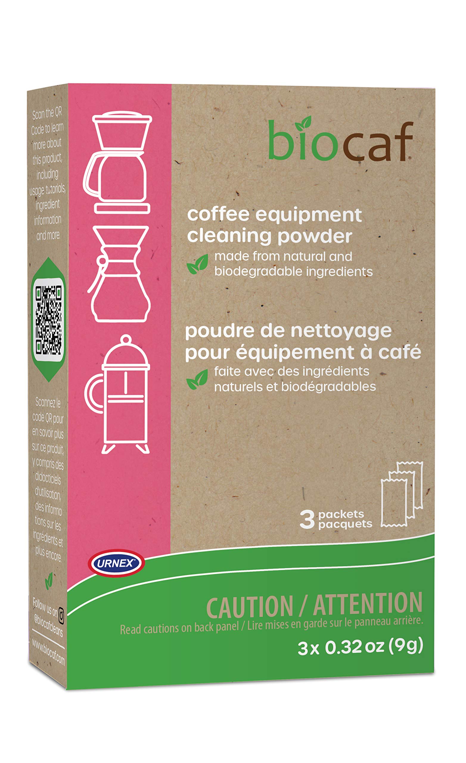 Urnex Biocaf packaging shows eco-friendly cleaner for oil and mineral buildup prevention.