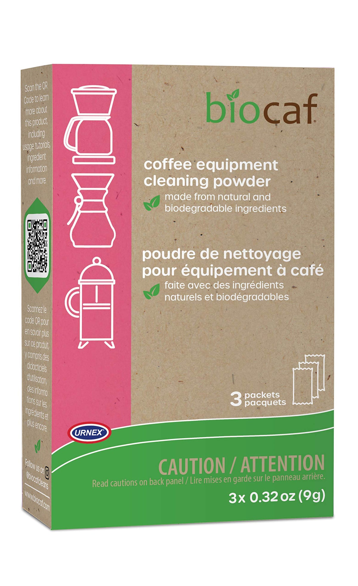 Urnex Biocaf packaging shows eco-friendly cleaner for oil and mineral buildup prevention.