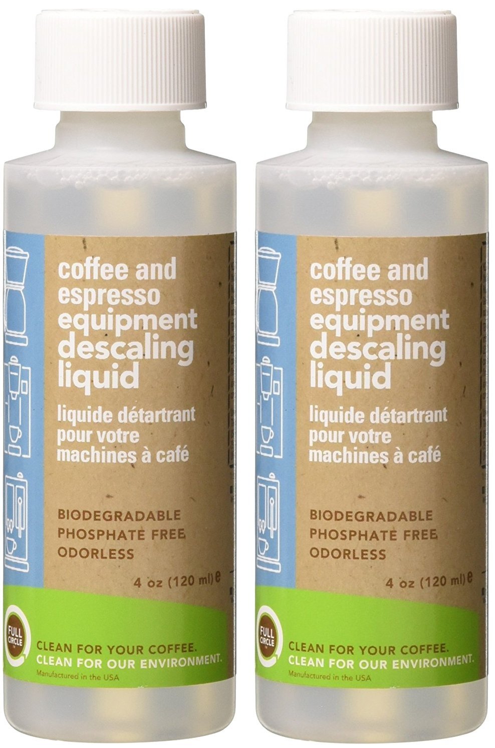 Urnex BioCAF descaling solution in two bottles for safe mineral removal from coffee machines.