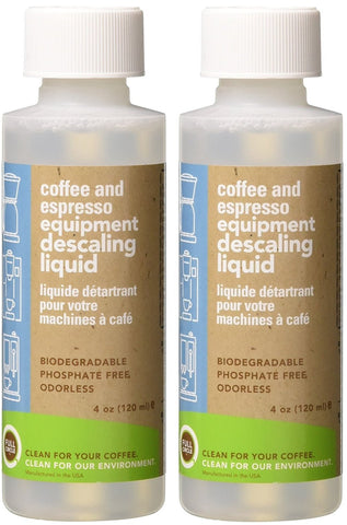 Urnex BioCAF descaling solution in two bottles for safe mineral removal from coffee machines.