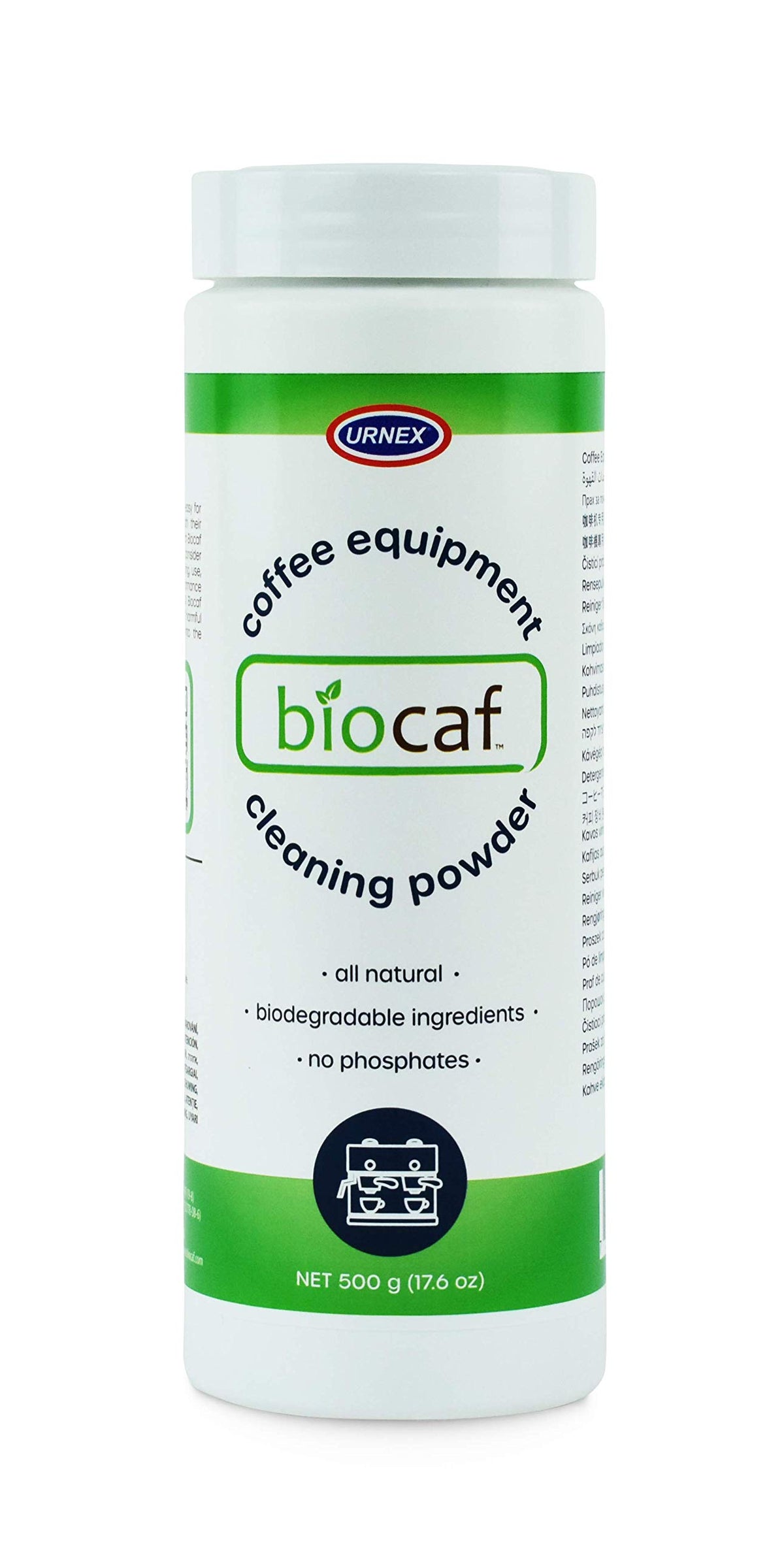 Urnex Biocaf jar front label, biodegradable cleaner for espresso machines.