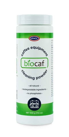 Urnex Biocaf jar front label, biodegradable cleaner for espresso machines.