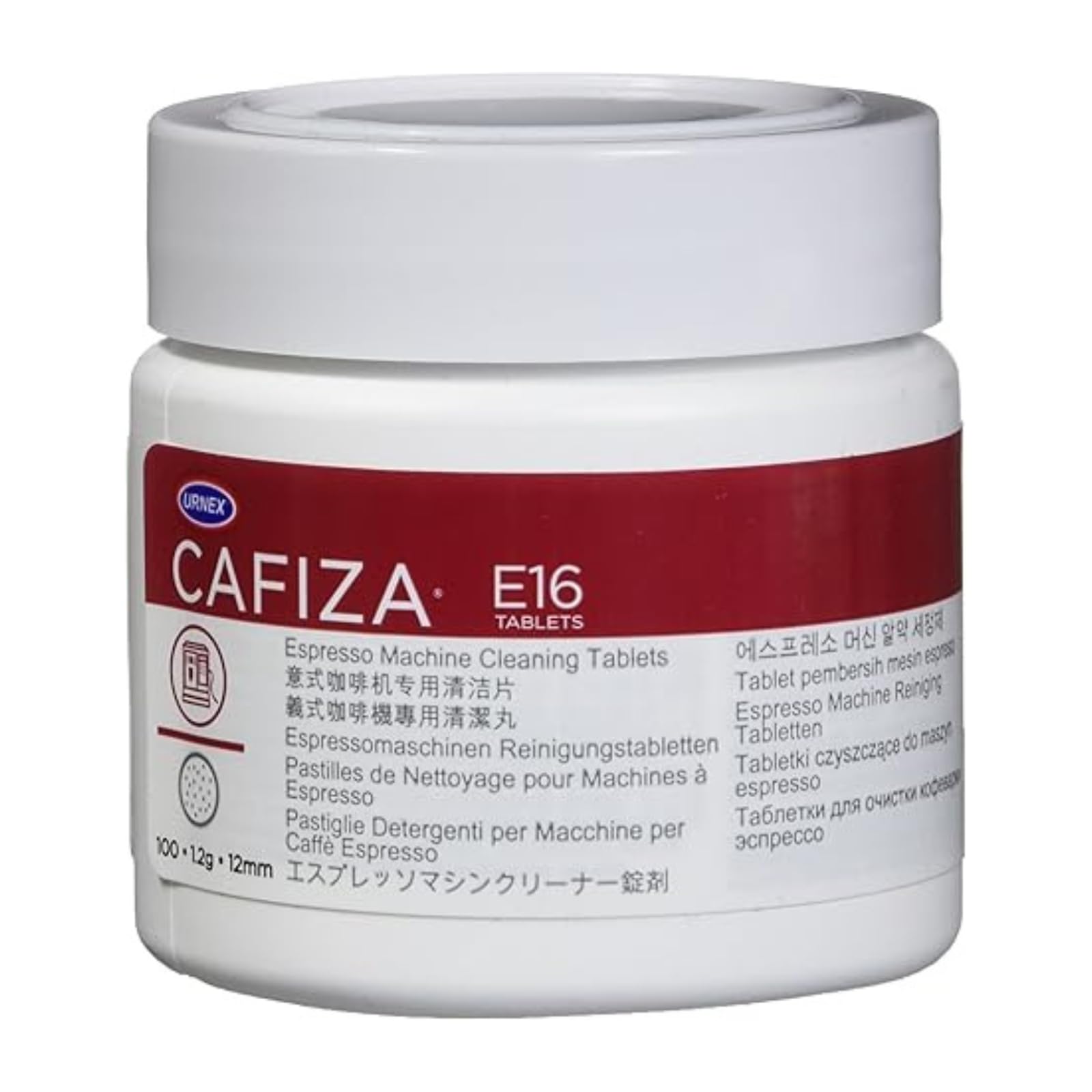 Urnex Cafiza espresso cleaning tablets in a jar for professional backflush cleaning.