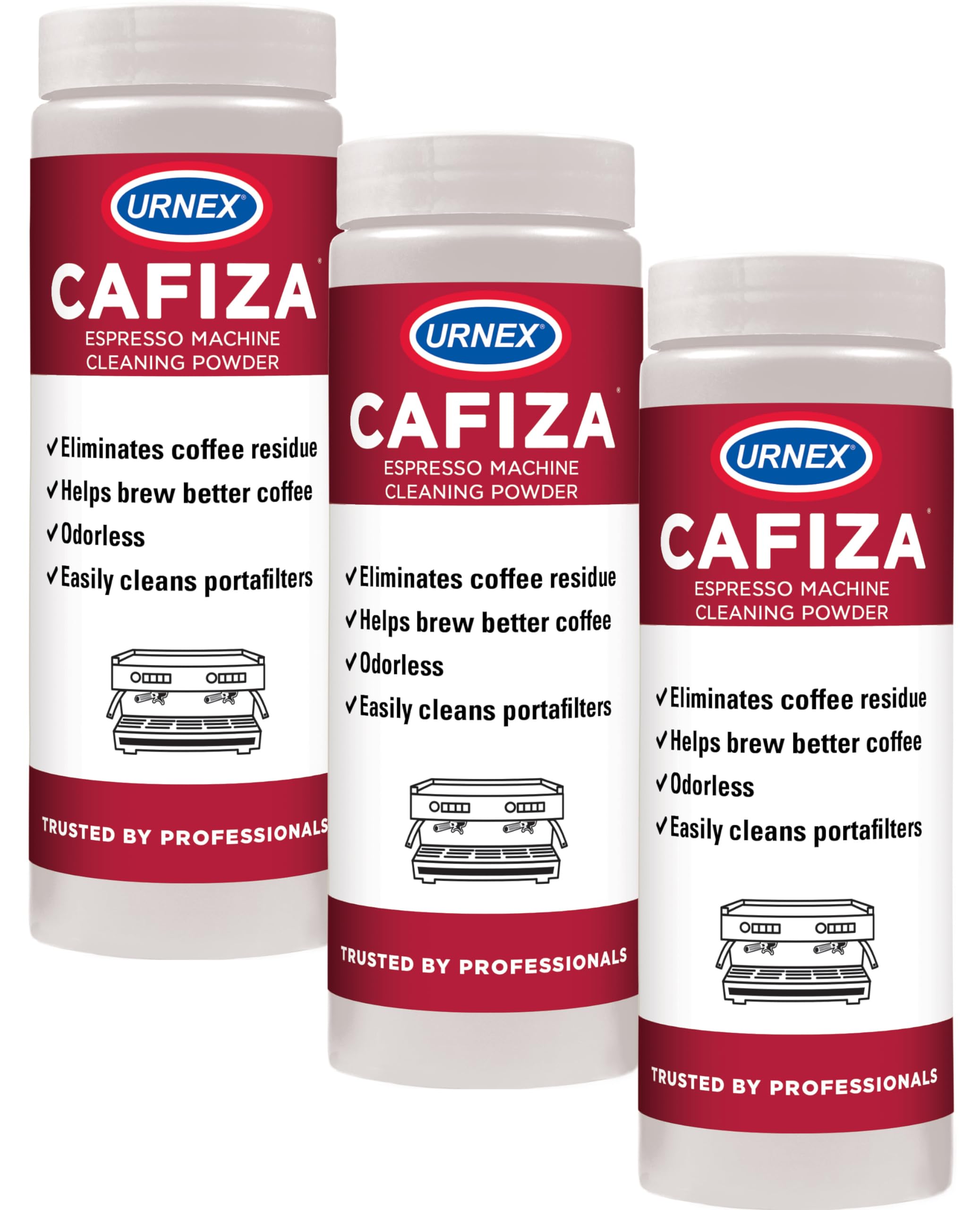 Urnex Cafiza cleans espresso group heads for consistent extraction.