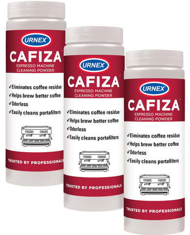 Urnex Cafiza cleans espresso group heads for consistent extraction.