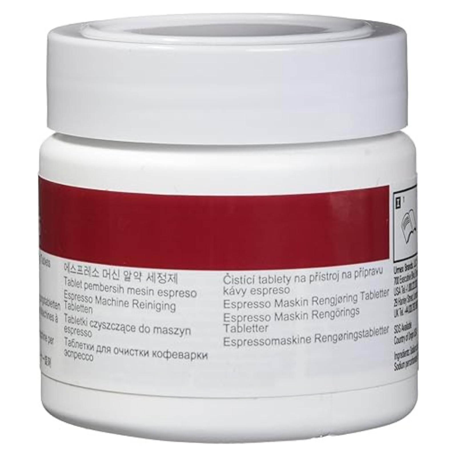 Urnex Cafiza jar label closeup highlights certifications and usage details.