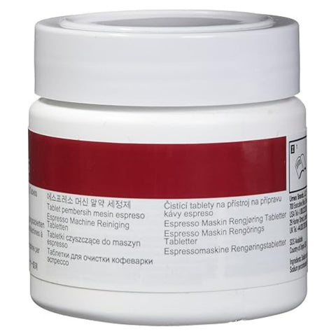Urnex Cafiza jar label closeup highlights certifications and usage details.