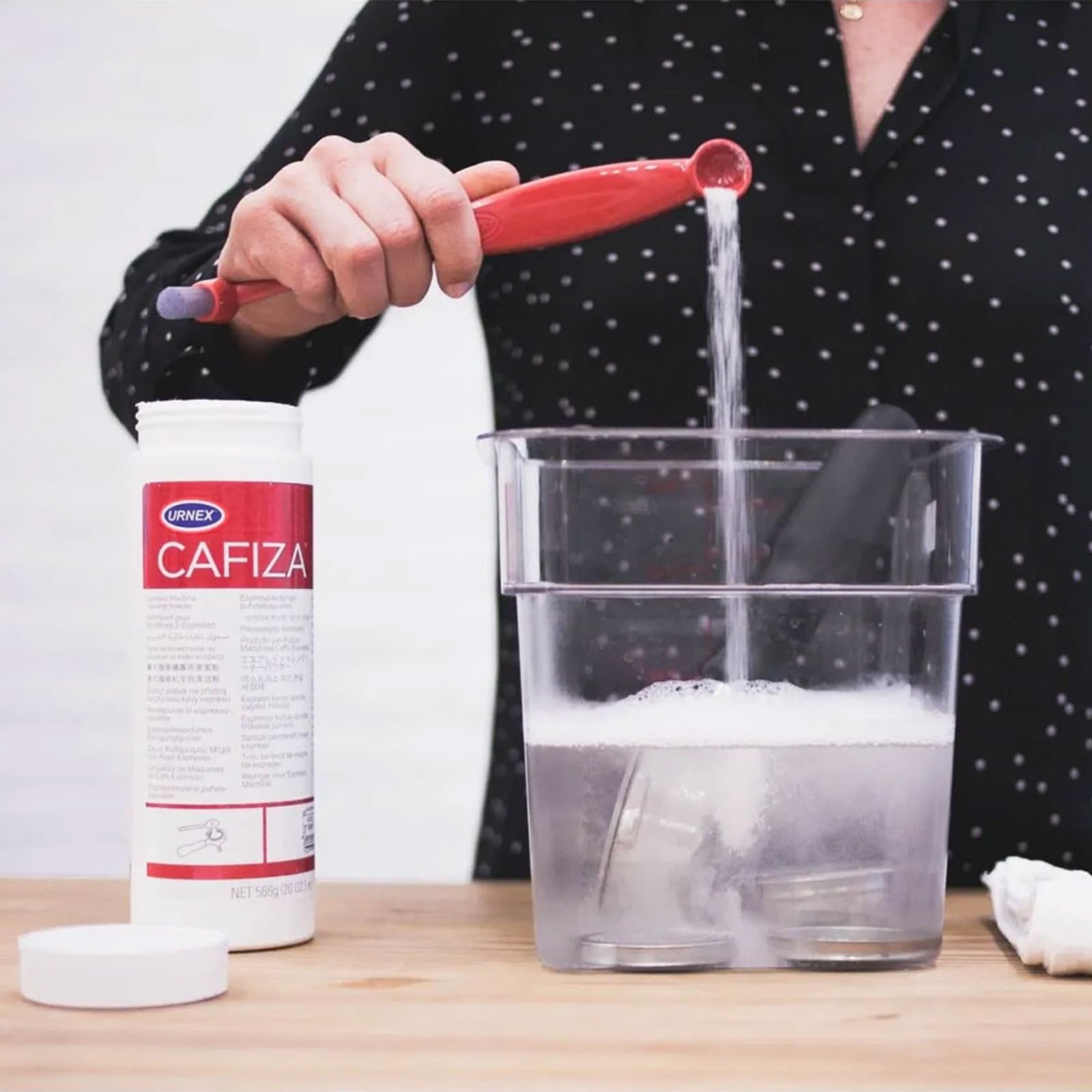 Urnex Cafiza powder is OMRI-listed and NSF-certified for safety