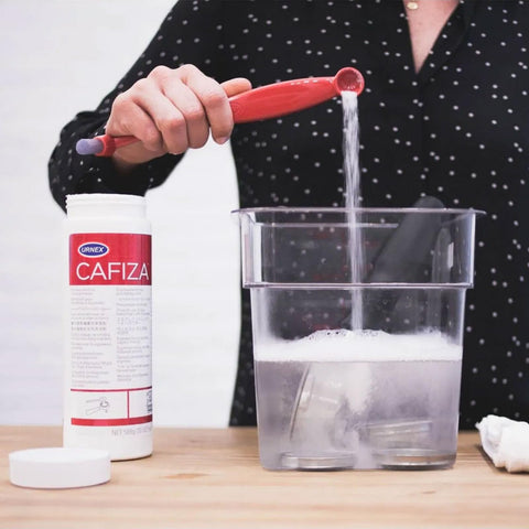 Urnex Cafiza powder is OMRI-listed and NSF-certified for safety