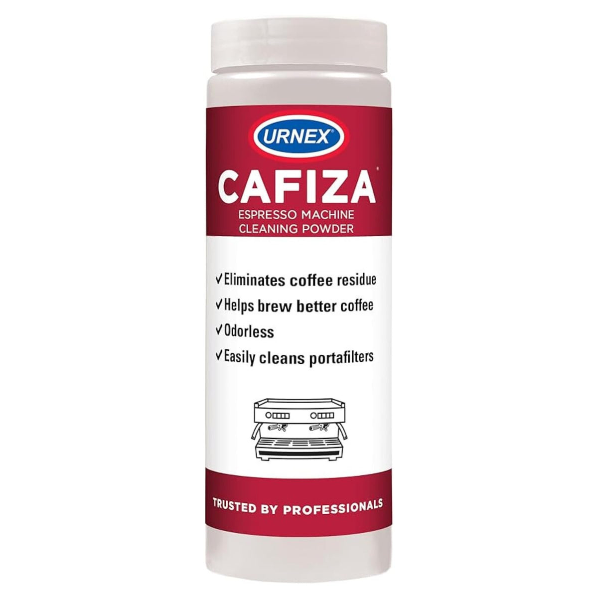 Urnex Cafiza powder for backflush dosing improves espresso machine cleanliness