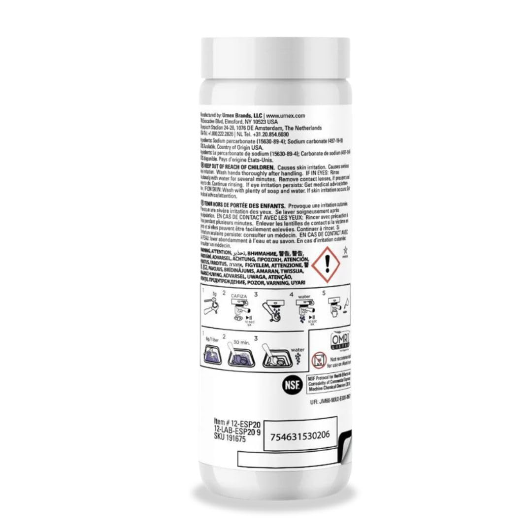 Urnex Cafiza cleaner powder removes coffee oils from group heads