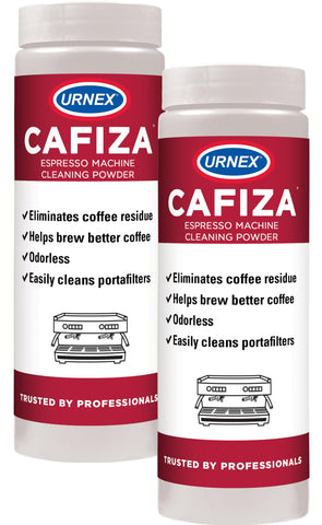 Urnex Cafiza professional cleaner powder, front packaging, supports daily maintenance by removing oils