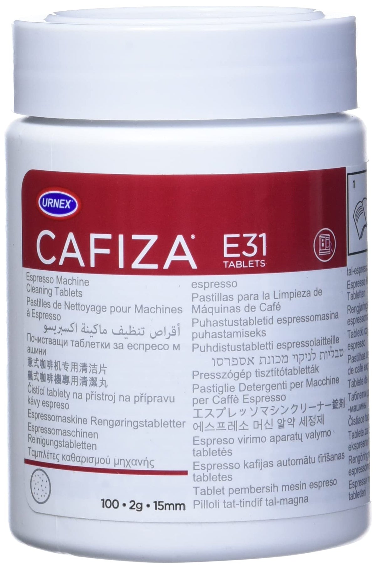 Urnex Cafiza tablets in jar close-up showing cleaning power for espresso machines
