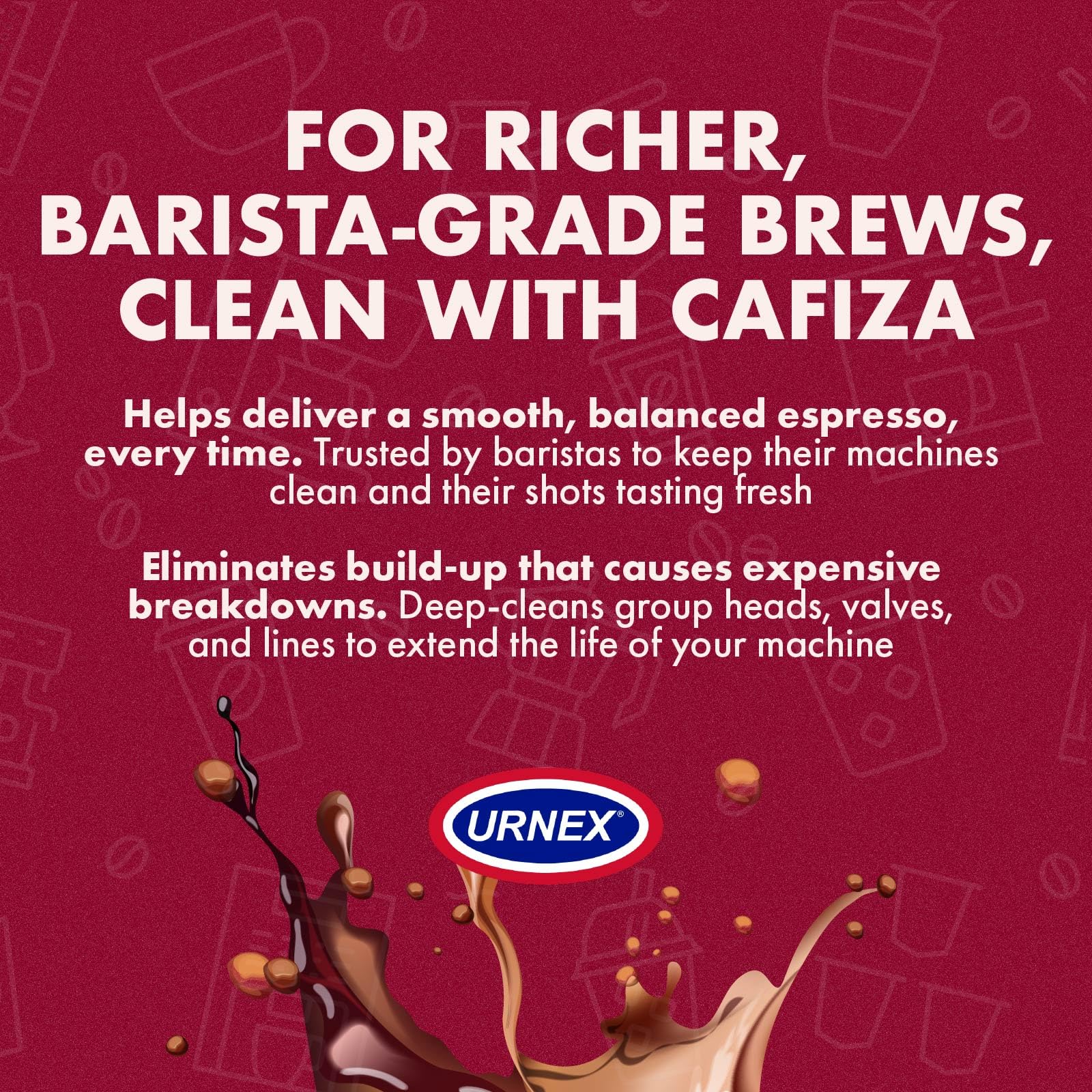 Urnex Cafiza two-pack shown in a cafe setting for daily cleaning