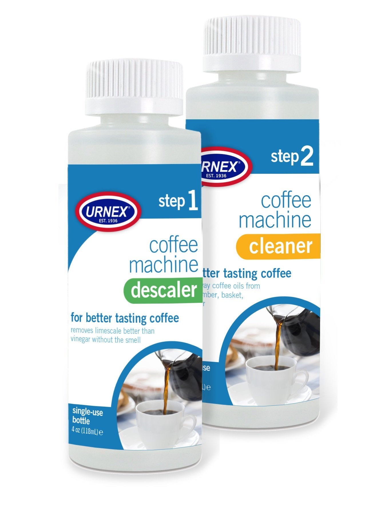 Urnex carafe cleaner bottle shown for removing coffee oils and supporting clearer flavors
