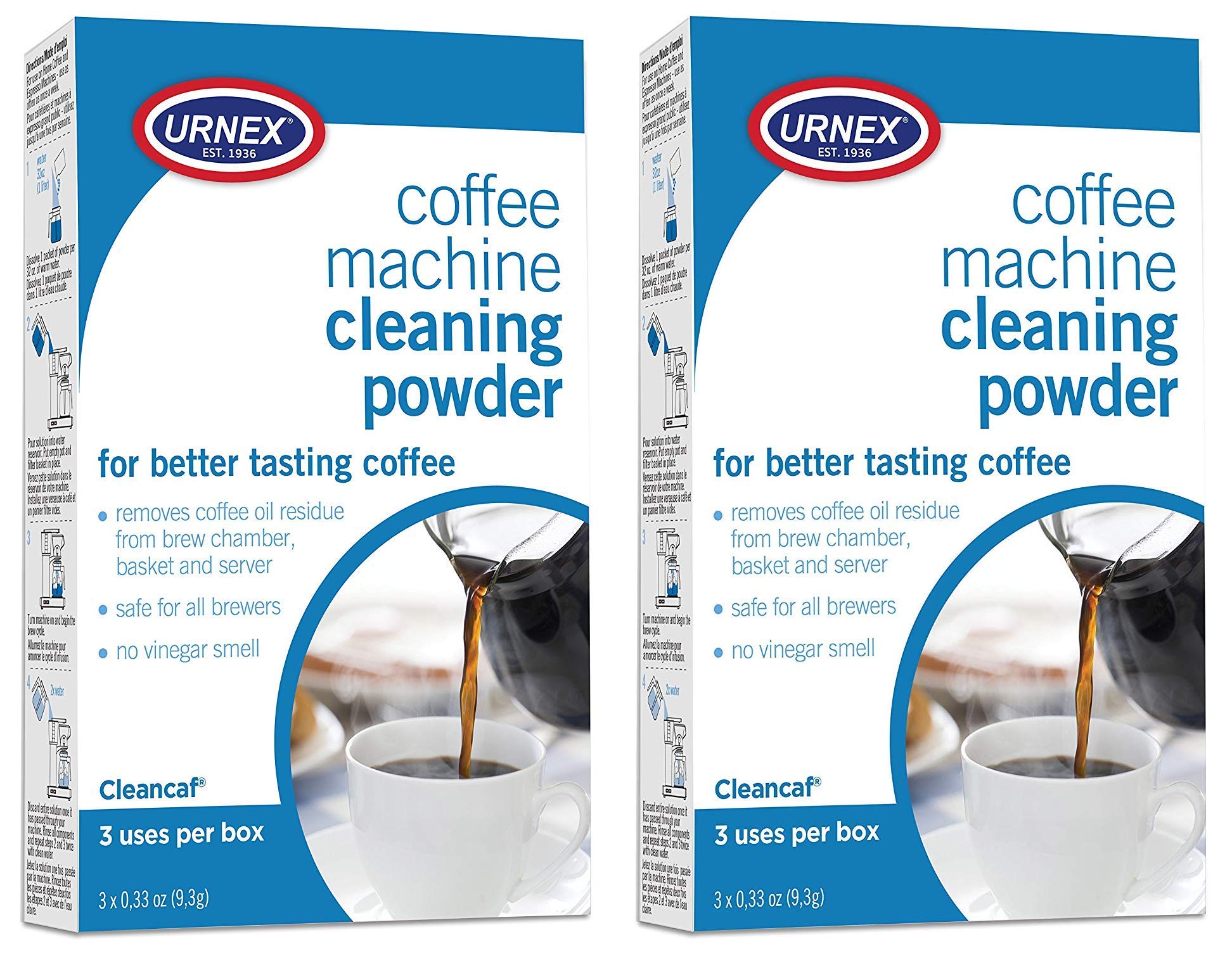 Urnex Cleancaf powder packaging shown for home use removes coffee oils